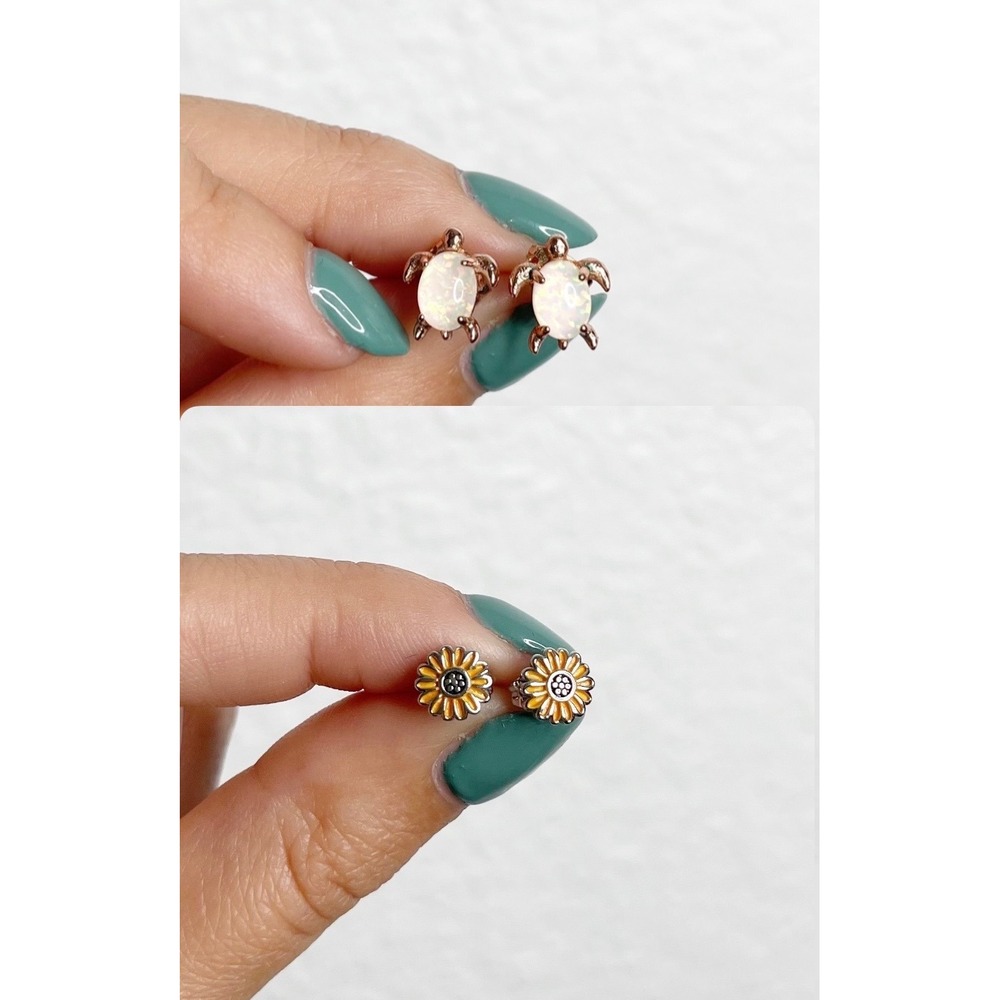 Pura Vida Opal Turtle & Enamel Sunflower Stud Earrings Set 2 Pairs